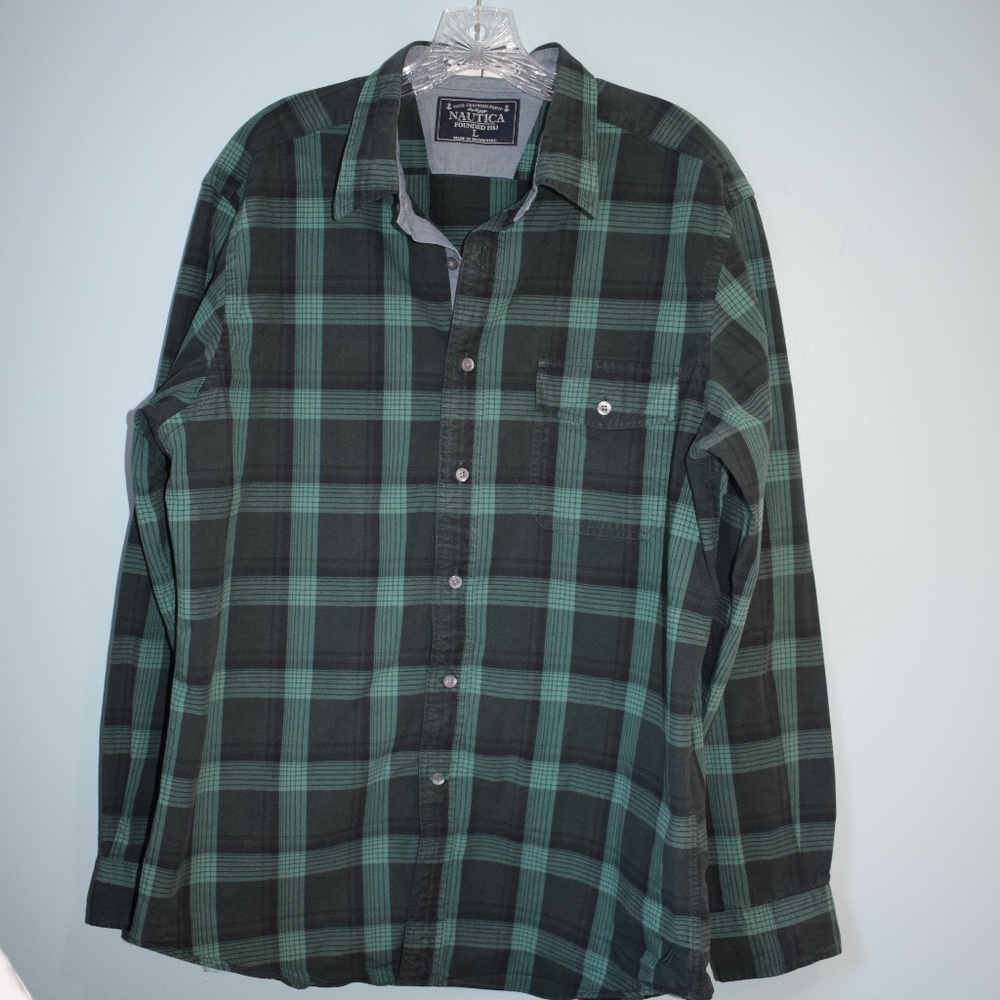 Nautica True Craftmanship Sea Voyage Blue/Green Plaid Button Down Mens L